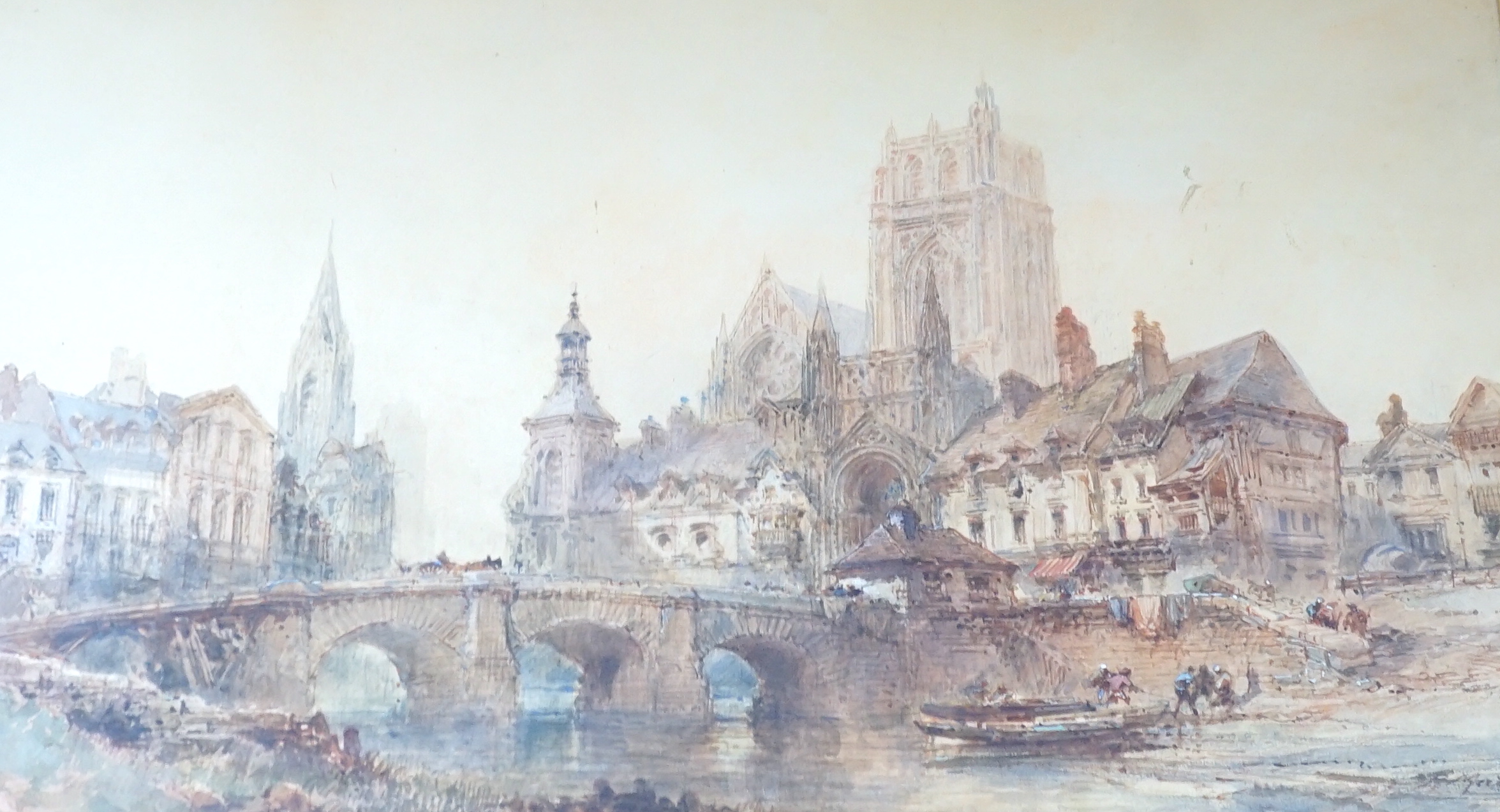 Paul Marny (1829-1914), watercolour, Cathedral cityscape, Abbeville, signed, 36 x 60cm